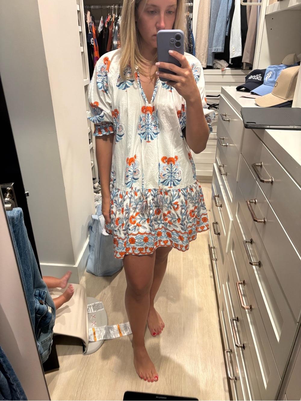 White Floral Mini Dress with Orange & Blue Embroidered Print